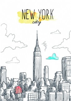 纽约建筑创意手绘纽约城市建筑群矢量图
