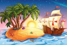 情人岛孤岛帆船插画