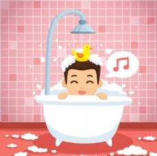 男孩在浴室里唱歌