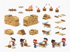 伐木工人与木材插画
