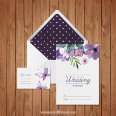 紫色水彩花卉婚庆邀请卡