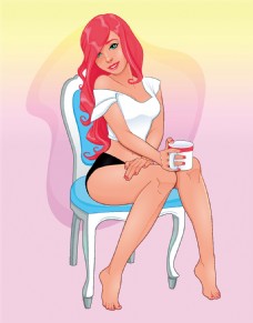 椅子上喝茶的卡通女人