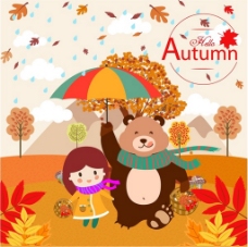 秋天背景秋天庆典背景女孩和熊设计自由向量