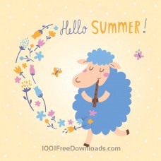 可爱绵羊矢量图。你好夏天！