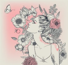 女人花戴花朵性感女人插画图片
