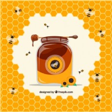 带有蜂巢和蜜蜂背景的蜂蜜罐