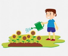 男孩矢量插图在平面设计免费给花浇水