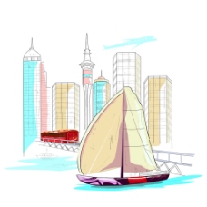 水边城市的帆船图片