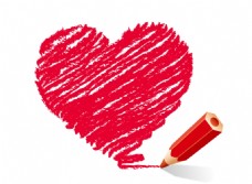 红色手绘爱心与彩色铅笔矢量素材