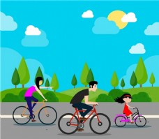 家庭幸福的矢量插图与骑自行车活动免费