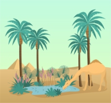 景观水景沙漠绿洲和骆驼插画矢量素材
