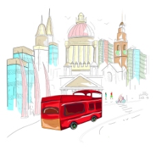 公交车与建筑物手绘图片