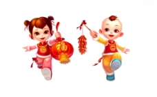 男女娃娃打灯笼提鞭炮中国喜庆过年福字