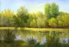 湖泊树林风景油画写生未分层