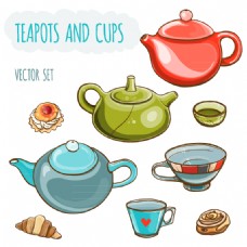 6款彩色茶壶与茶杯矢量素材